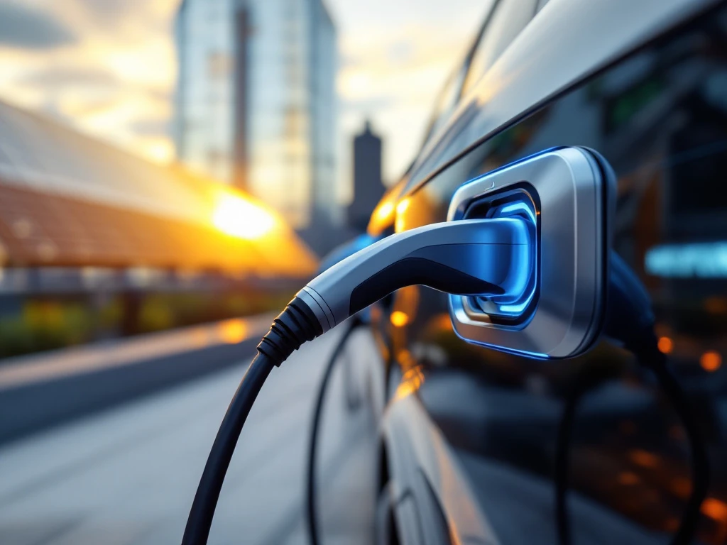 Elektrische auto oplaadkabels met blauwe LED-indicatoren aan laadstation, zonnepanelen op kantoorgebouw op achtergrond