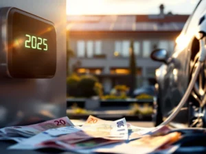 Elektrische auto laadt bij moderne laadpaal met zonnepanelen, Euro bankbiljetten en subsidiedocumenten op voorgrond