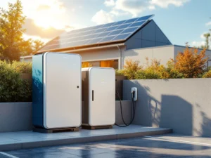 Moderne elektrische laadpaal met batterij-opslagsysteem bij zonnepanelen op dak, verlicht door zonlicht