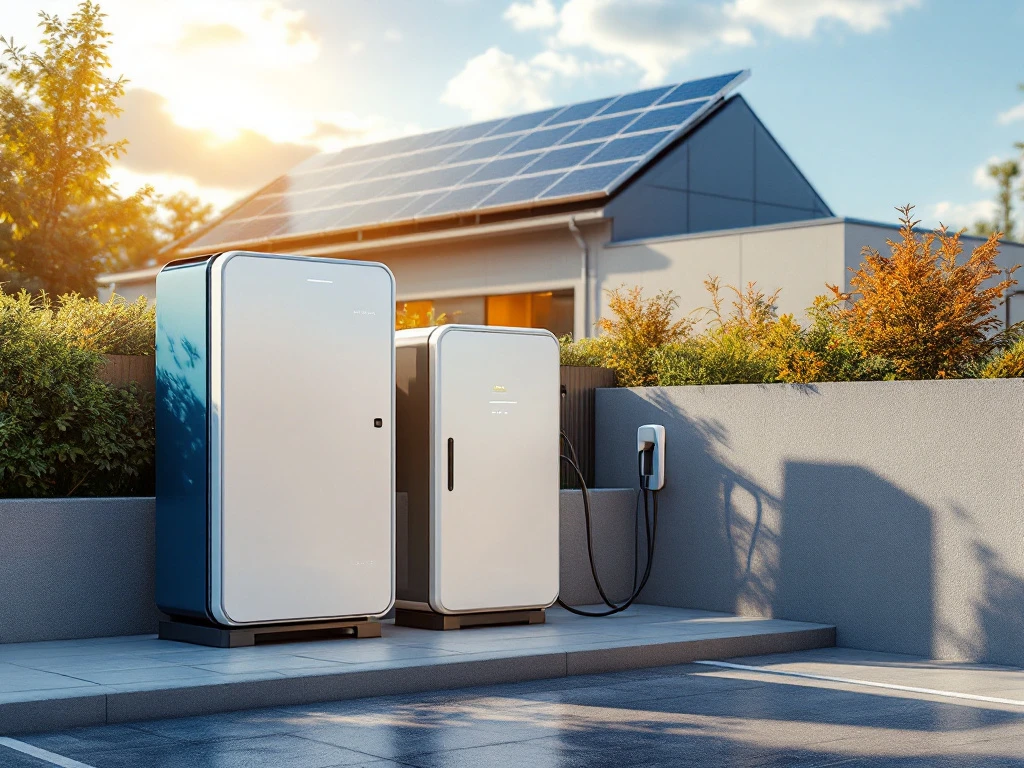 Moderne elektrische laadpaal met batterij-opslagsysteem bij zonnepanelen op dak, verlicht door zonlicht