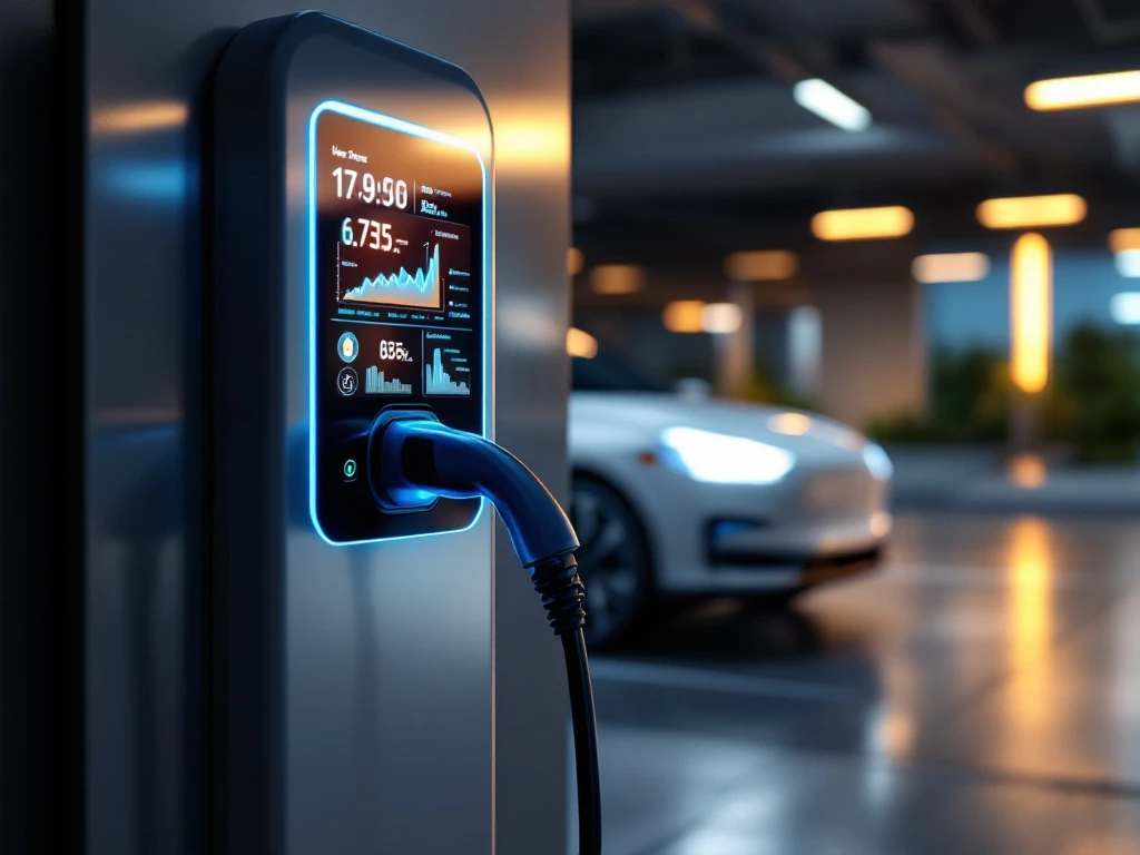 Elektrische laadpaal met digitaal display toont energiegebruik terwijl auto oplaadt in moderne parkeergarage