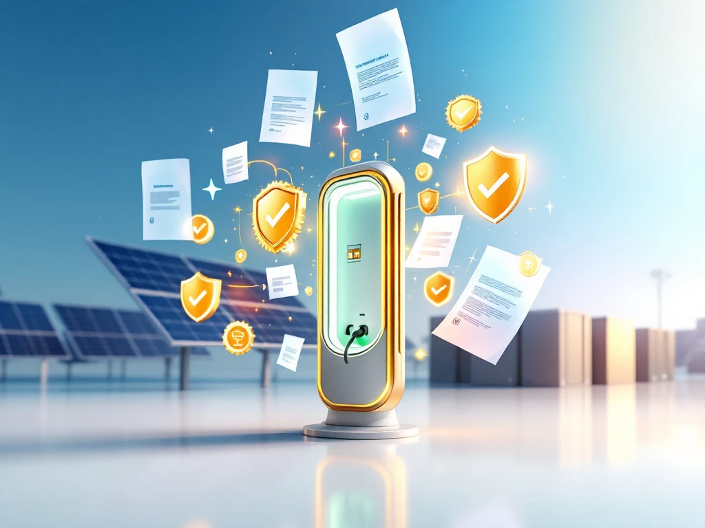 Moderne elektrische laadpaal met meerdere aansluitingen, garantiecertificaten en zonnepanelen op achtergrond
