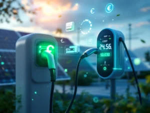 Elektrische auto laadstation met kostenberekening display en zwevende euro symbolen, zonnepanelen op achtergrond