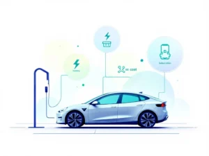 Elektrische auto verbonden met laadstation via kabel, met pictogrammen voor elektriciteit, installatie en abonnement