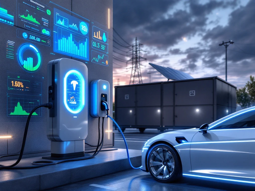 Elektrische auto wordt opgeladen bij laadstation met blauwe kabels, digitale displays en zonnepanelen op achtergrond