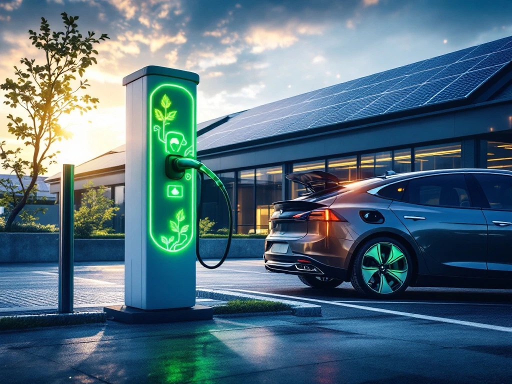 Elektrische auto laadt bij duurzaam laadstation voor bedrijfsgebouw met zonnepanelen op het dak