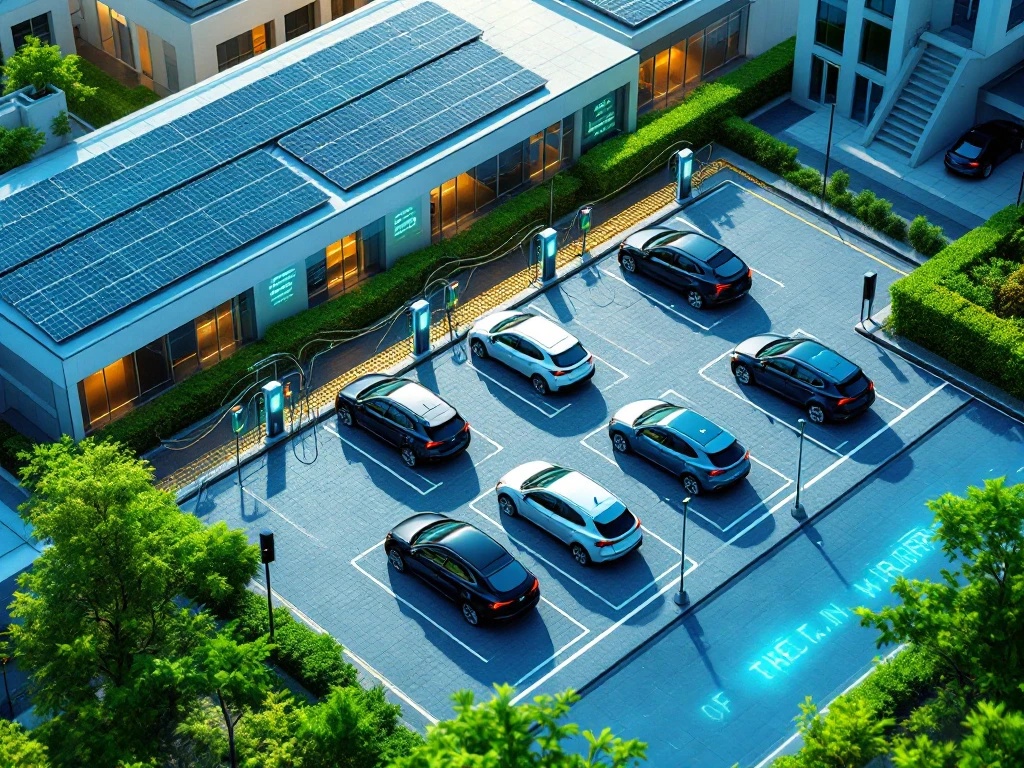 Luchtfoto van moderne elektrische laadstations met zonnepanelen en verschillende auto's tijdens het opladen overdag