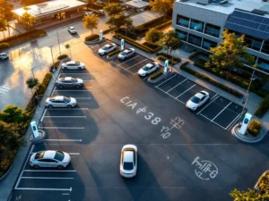 Luchtfoto van moderne bedrijfsparkeerplaats met elektrische laadstations, zonnepanelen en duurzame energie-infrastructuur