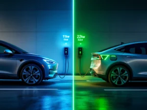 Twee elektrische auto's laden tegelijkertijd aan 11kW en 22kW laadstations in moderne parkeergarage met zonnepanelen