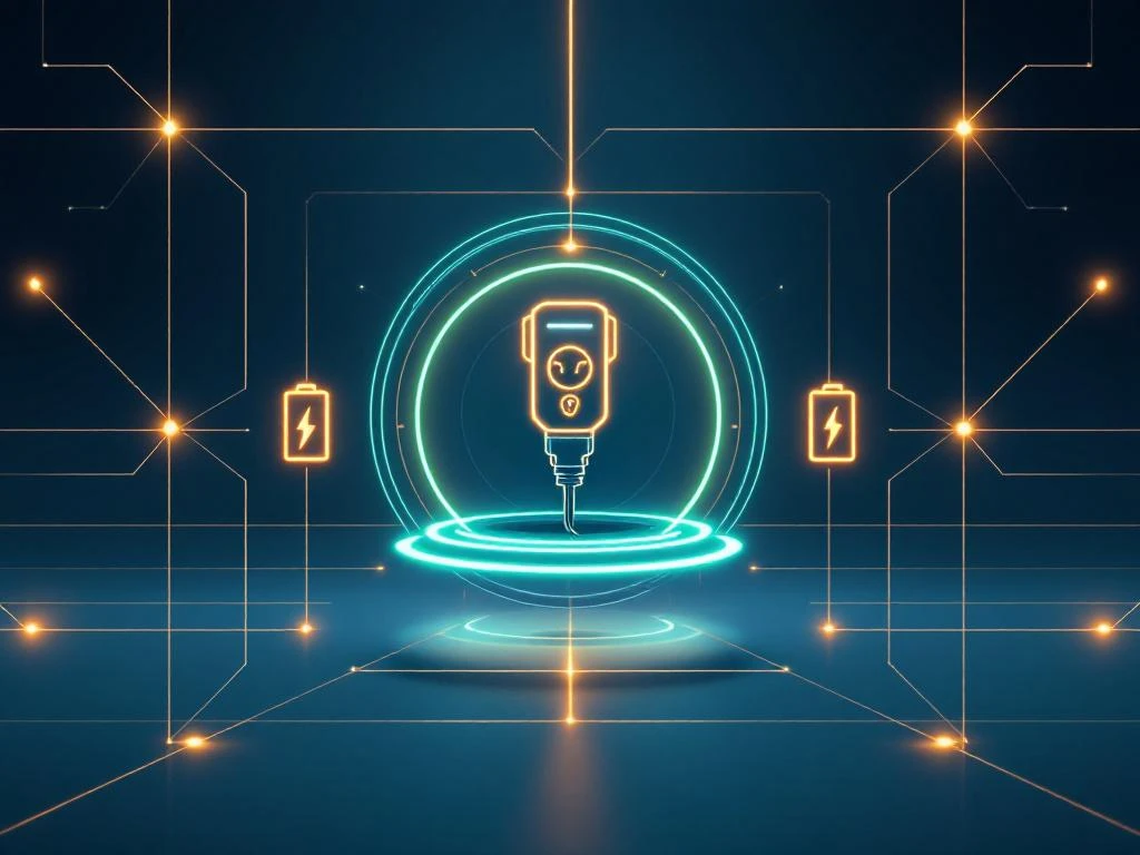 Elektrische voertuig oplaadconnector met geometrisch stroomnet, batterij-iconen en zonnepanelen op blauwe achtergrond