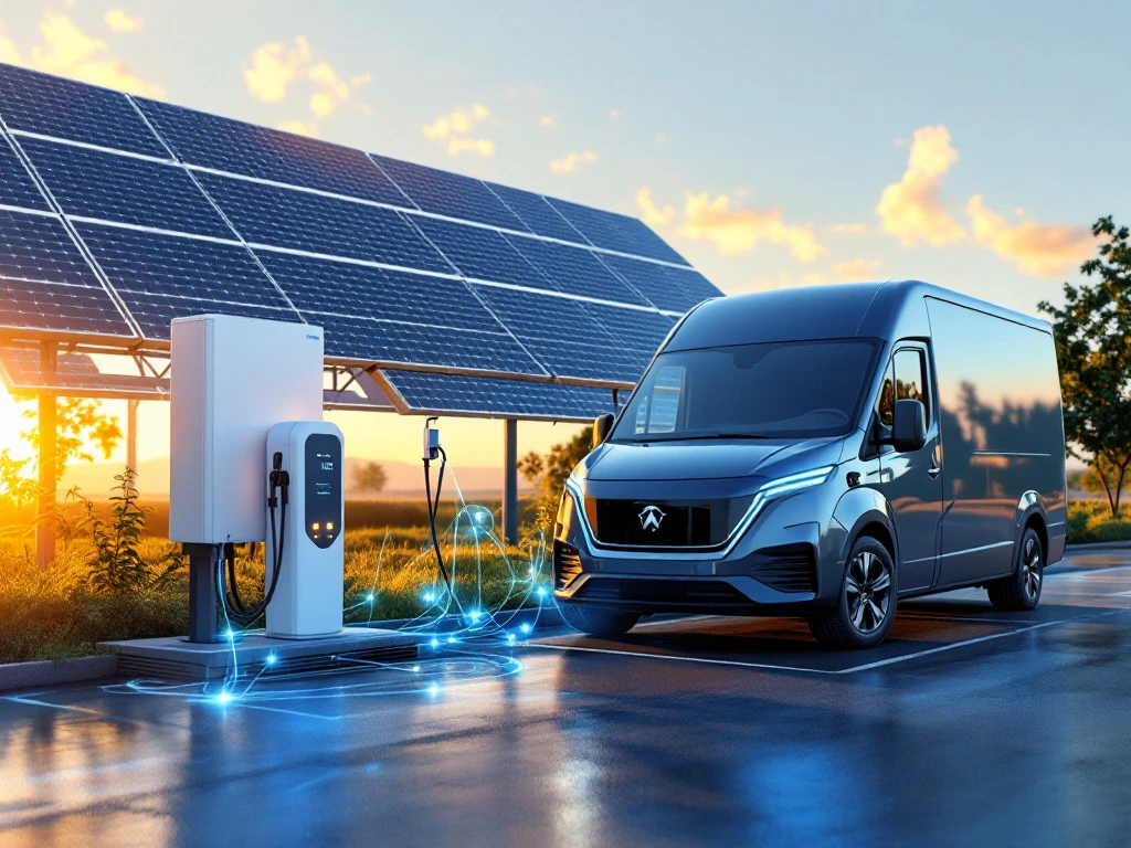 Elektrische bestelwagen laadt op bij moderne laadpaal met zonnepanelen en batterijopslag op achtergrond