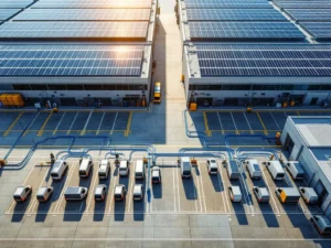 Luchtfoto van moderne logistieke faciliteit met elektrische bestelwagens bij oplaadstations en zonnepanelen op daken
