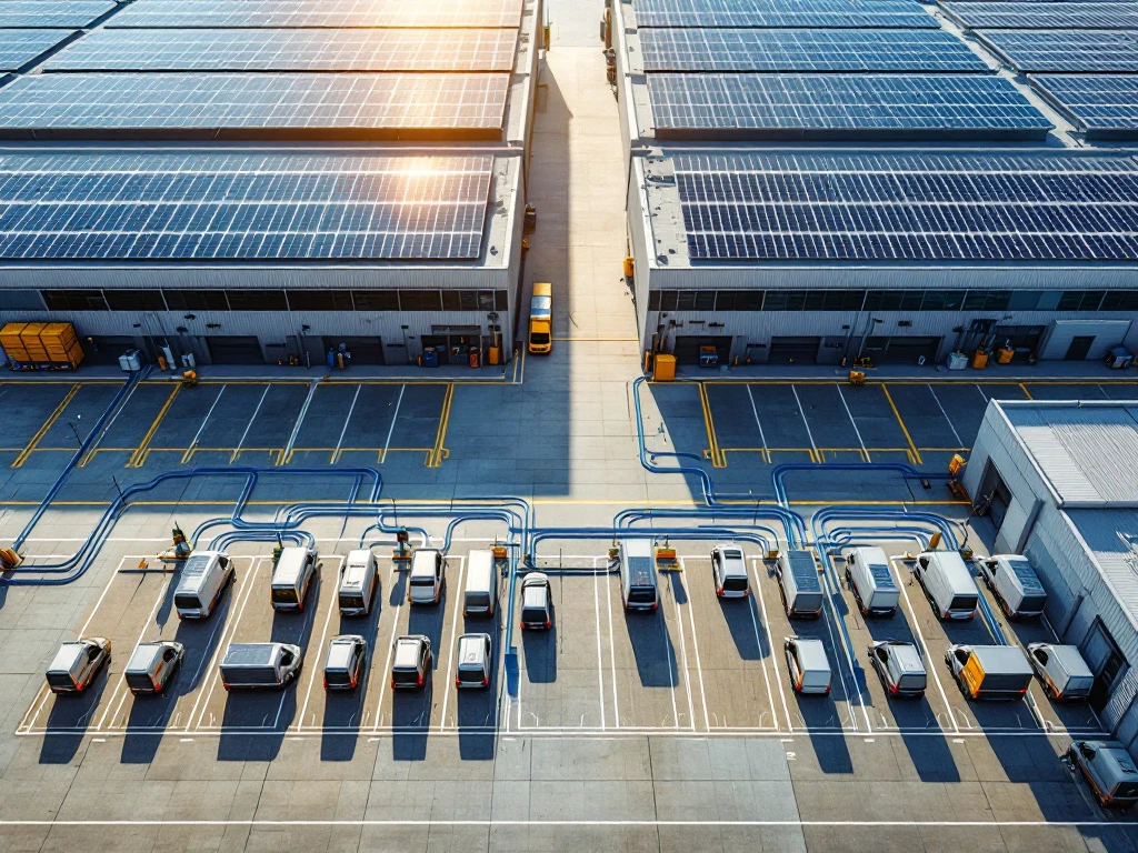 Luchtfoto van moderne logistieke faciliteit met elektrische bestelwagens bij oplaadstations en zonnepanelen op daken