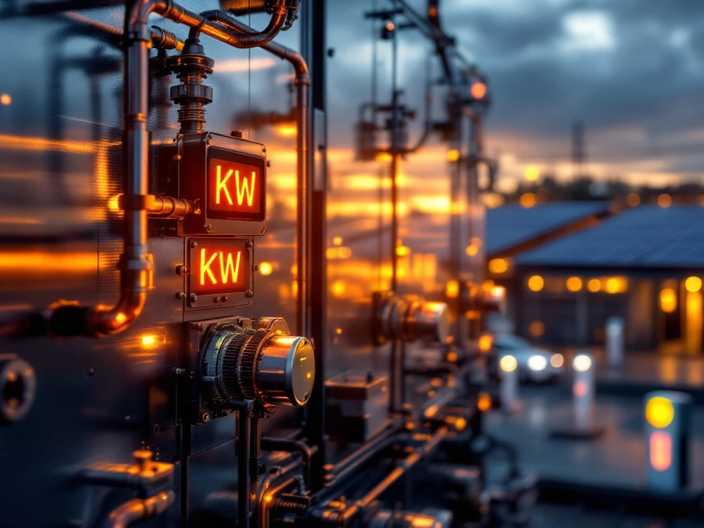 Industriële elektriciteitsinfrastructuur met transformatoren, digitale energiemeters en zonnepanelen op bedrijfsgebouw