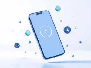 Smartphone met elektrische oplaad-app interface omringd door 3D oplaadkabels en geometrische vormen in blauw-groen palet