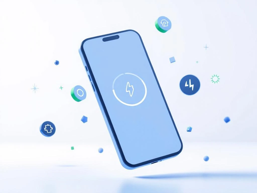 Smartphone met elektrische oplaad-app interface omringd door 3D oplaadkabels en geometrische vormen in blauw-groen palet