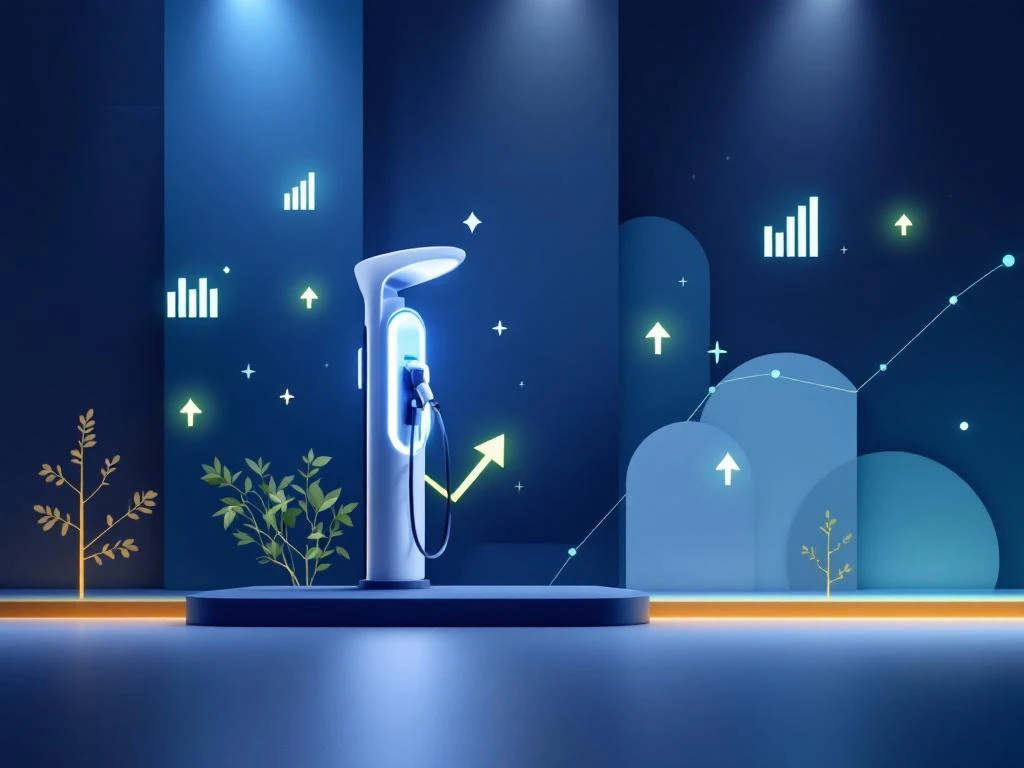 Elektrische laadpaal met financiële grafieken en opwaartse pijlen in minimalistische zakelijke presentatiestijl