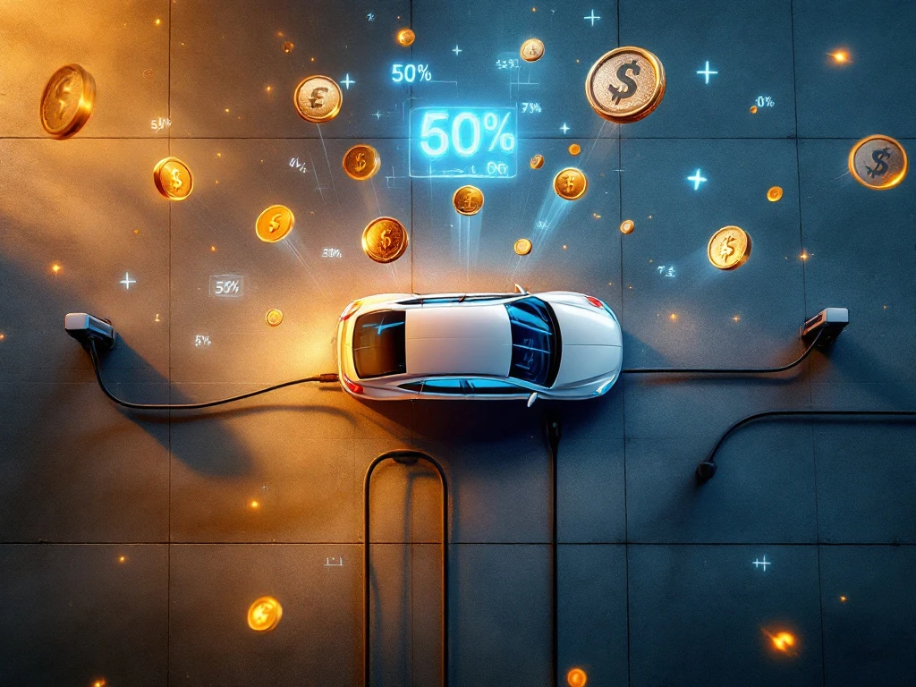 Moderne elektrische laadpaal met meerdere kabels verbonden aan zwevende munten en valutasymbolen, verlicht door gouden licht