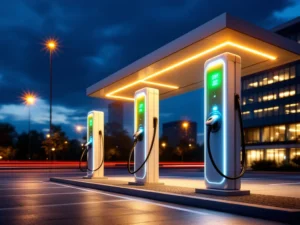 Moderne EV-laadstation met verlichte laadpalen en groene statusindicatoren tijdens schemering voor 24/7 beschikbaarheid