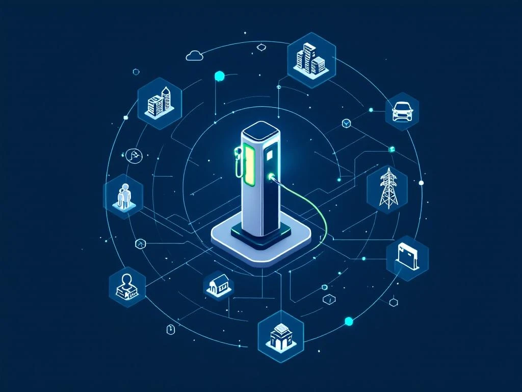 Elektrisch laadstation centraal omringd door stakeholder iconen in circulaire formatie met blauwe en groene accenten