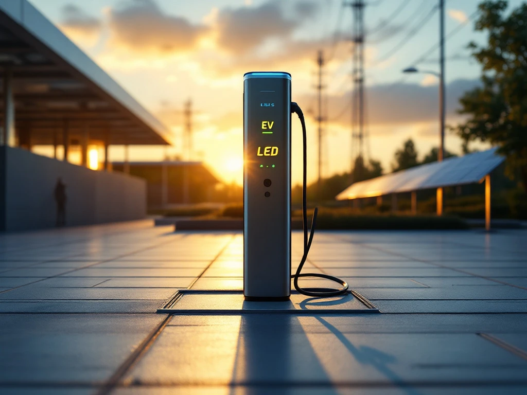 Moderne EV-laadstation met blauwe LED-indicatoren en aangesloten elektrische auto bij zonsondergang