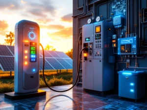Moderne elektrische laadpaal met LED-indicatoren verbonden aan elektriciteitspaneel, zonnepanelen en batterijopslag op achtergrond