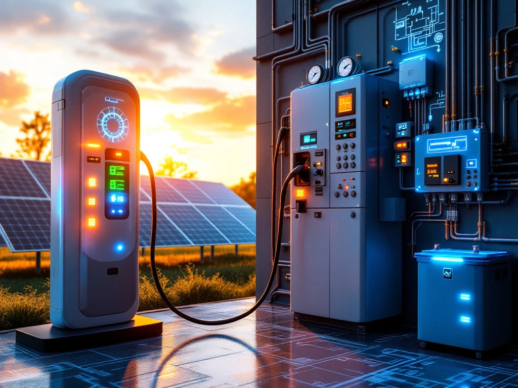 Moderne elektrische laadpaal met LED-indicatoren verbonden aan elektriciteitspaneel, zonnepanelen en batterijopslag op achtergrond