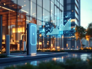 Elektrisch voertuig laadstation met blauwe kabels voor modern kantoorgebouw met zonnepanelen en batterij-opslag