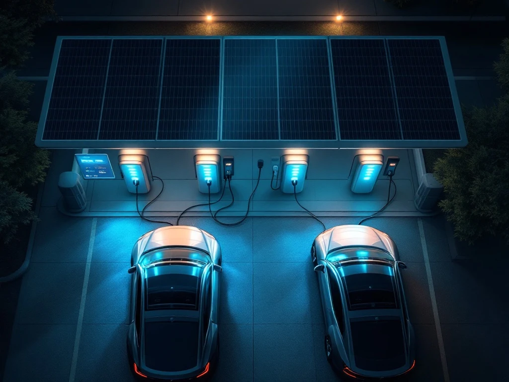 Moderne laadstations voor elektrische auto's met zonnepanelen en digitaal managementsysteem van bovenaf gezien
