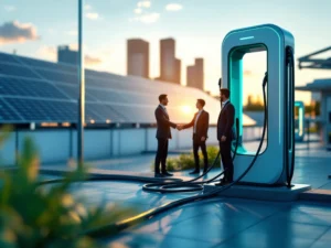 Moderne elektrische laadpaal met zonnepanelen op gebouw, zakelijke handdruk symboliseert partnerschap in duurzame energie