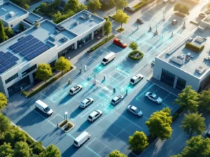 Luchtfoto van modern bedrijvencomplex met elektrische laadstations, zonnepanelen en diverse voertuigen in parkeergebied