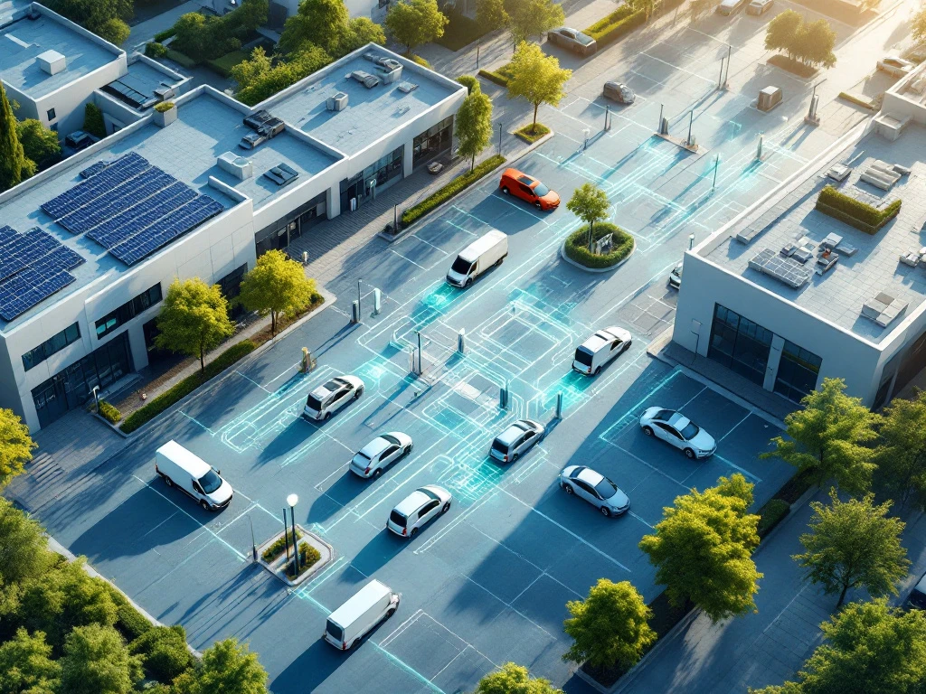 Luchtfoto van modern bedrijvencomplex met elektrische laadstations, zonnepanelen en diverse voertuigen in parkeergebied