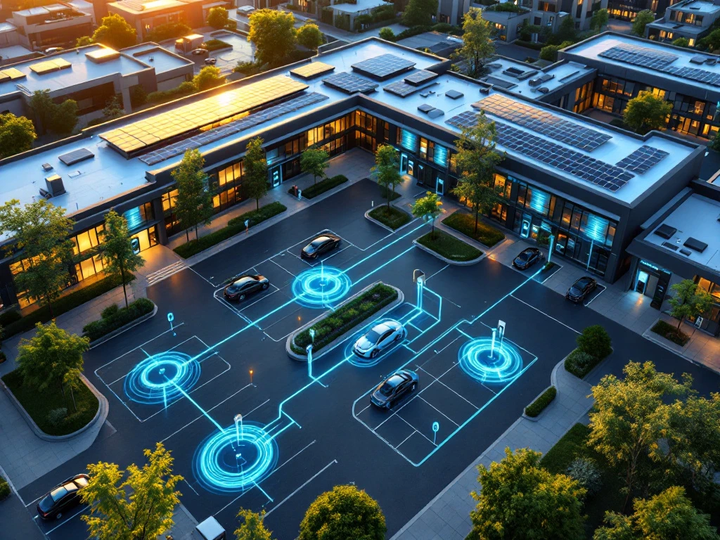 Luchtfoto van modern bedrijvencomplex met elektrische laadstations, zonnepanelen en slimme parkeerfaciliteiten