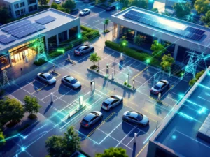 Luchtfoto van modern bedrijvencomplex met elektrische laadstations, zonnepanelen op daken en opladen EV's