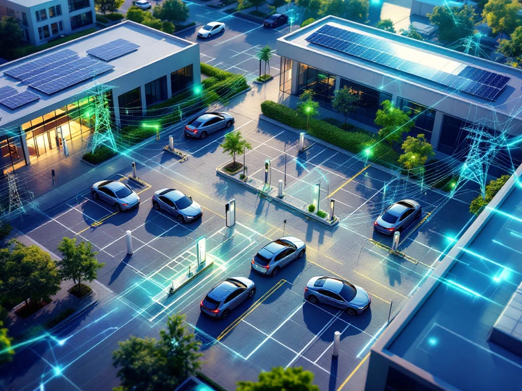 Luchtfoto van modern bedrijvencomplex met elektrische laadstations, zonnepanelen op daken en opladen EV's