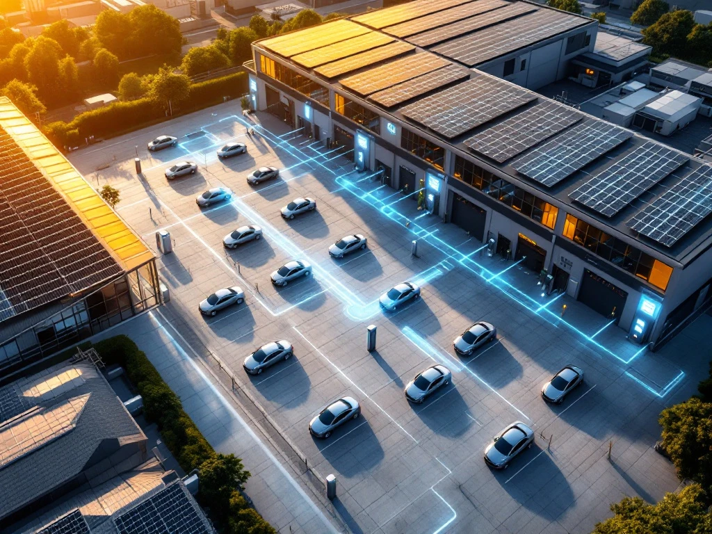 Luchtfoto van moderne industriële faciliteit met elektrische laadstations, zonnepanelen en smart grid energiebeheer