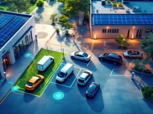 Luchtfoto van moderne laadstations met elektrische voertuigen, zonnepanelen en kleurgecodeerde laadzones voor duurzame energie