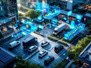 Luchtfoto van moderne zakenwijk met EV-laadstations, holografische data-analyse en zonnepanelen op daken