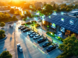 Luchtfoto van moderne parkeerplaats met elektrische voertuigen aan oplaadstations en zonnepanelen op daken