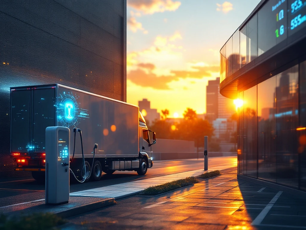 Elektrische bestelwagen wordt opgeladen bij laadstation tijdens gouden uur, met zonnepanelen en digitaal display