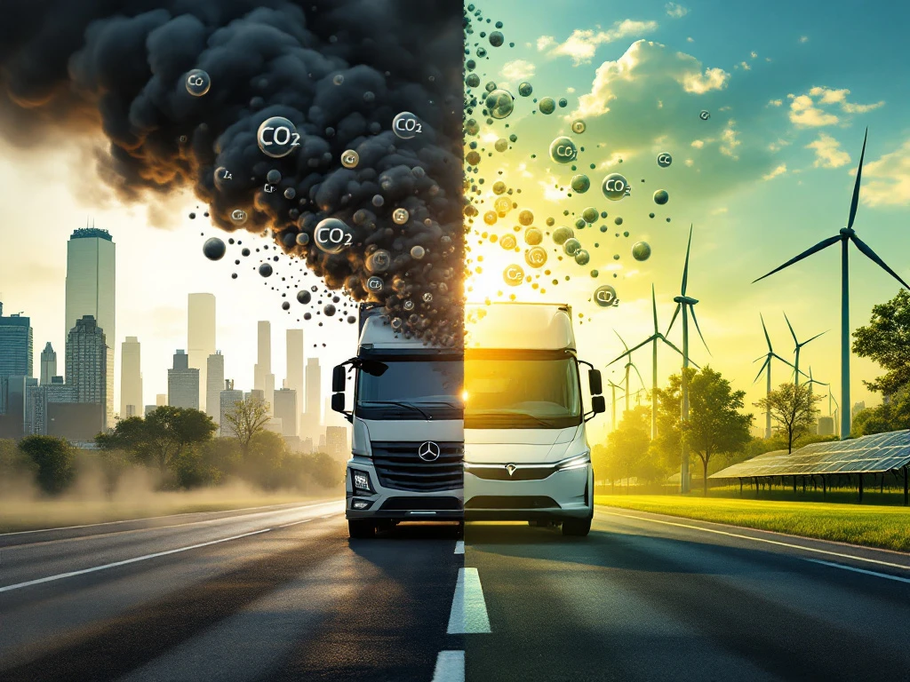 Dieselvrachtwagen met uitlaatgassen versus elektrische bestelwagen in duurzame omgeving met zonnepanelen en windmolens