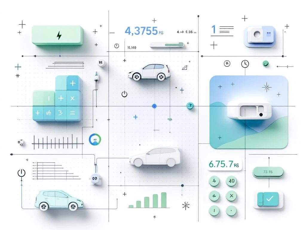 Geometrische rekenmachine-elementen en laadsymbolen in symmetrische opstelling met blauwe en groene energiegradiënten