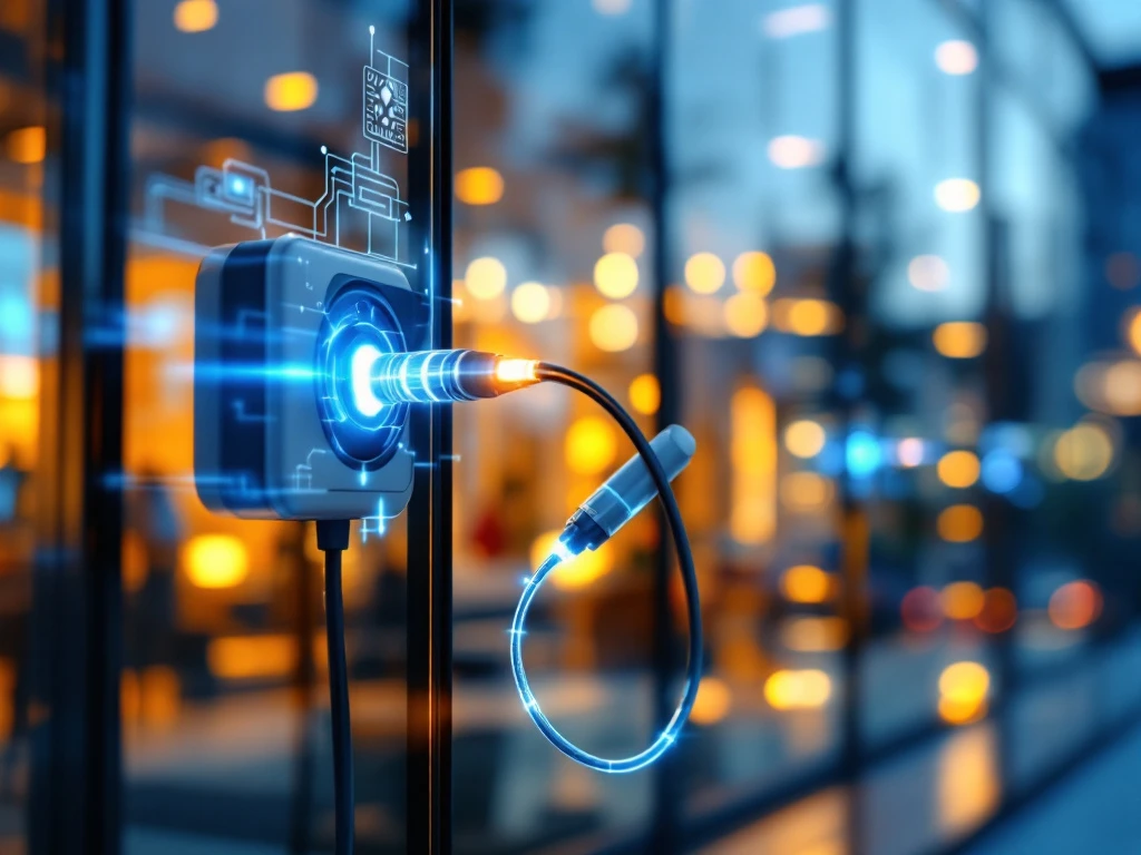 EV-oplaadkabels met blauwe energiestromen verbonden aan moderne glazen gebouwgevel met geïntegreerde laadpoorten