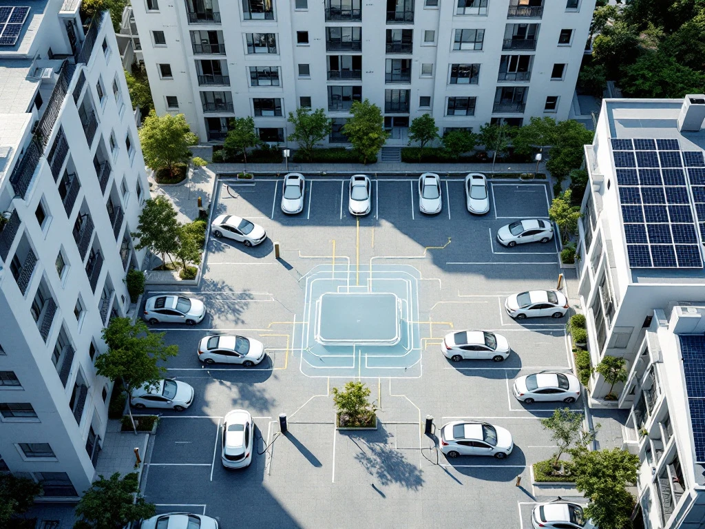 Moderne appartementencomplex met gedeeld EV-laadstation, zonnepanelen en witte elektrische auto's in luchtfoto