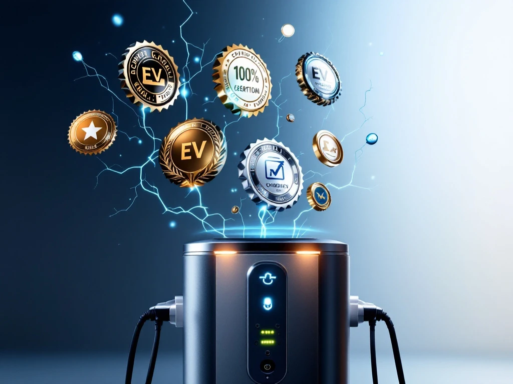 EV-laadstation met gouden en zilveren certificeringsbadges, kwaliteitszegels en blauwe energiestromen in moderne setting