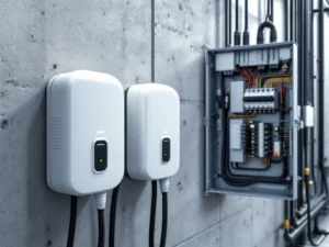 Elektrische laadpaal geïntegreerd in bestaande elektrische paneel met kabels en schakelaars op betonnen muur