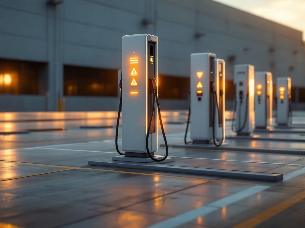 Moderne EV-laadstations met LED-indicatoren en veiligheidssignalering op bedrijfsparkeerplaats bij zonsondergang