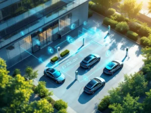 Moderne kantoorgebouw met EV-laadstation, elektrische auto's, zonnepanelen en holografische kostenberekeningen
