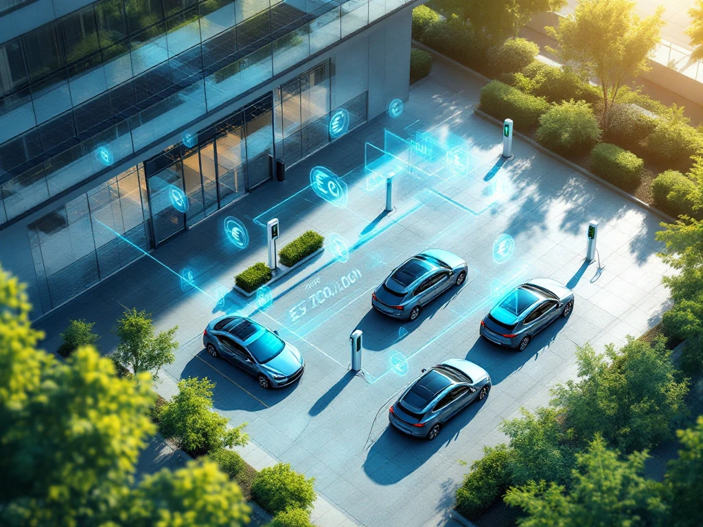 Moderne kantoorgebouw met EV-laadstation, elektrische auto's, zonnepanelen en holografische kostenberekeningen