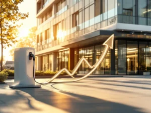 Moderne EV-laadstation bij kantoorgebouw met zonnepanelen, zakelijke voertuigen opladen in gouden zonlicht